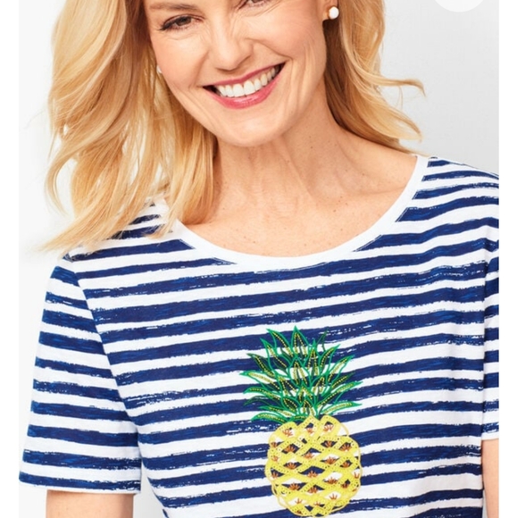 Talbots Sequined Pineapple Blue & White Striped Short-Sleeve Cotton Tee - Picture 2 of 9